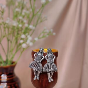 Chanchal silver oxidised dancing doll earrings with handcrafted folk design and antique finish