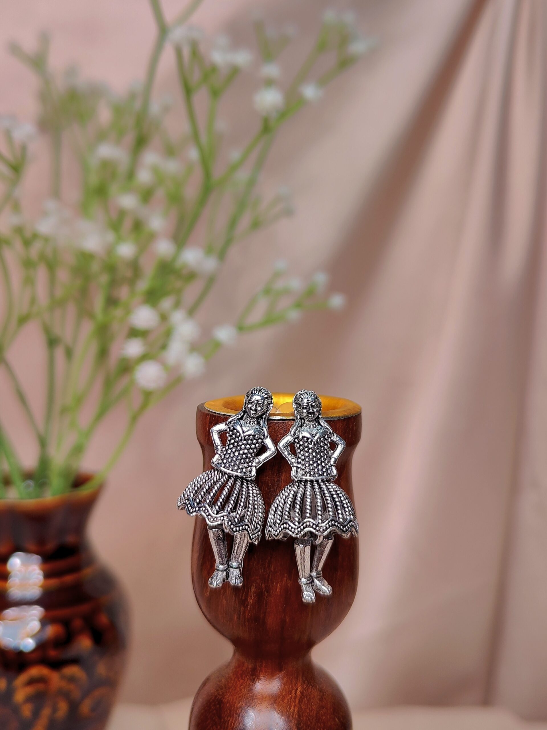 Chanchal silver oxidised dancing doll earrings with handcrafted folk design and antique finish