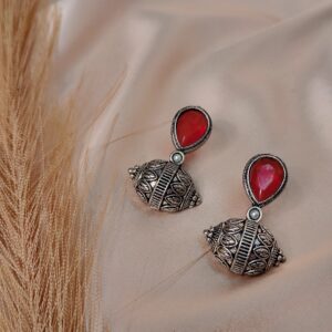 Mahira rani pink oxidised silver jhumka earrings with teardrop stone and antique finish