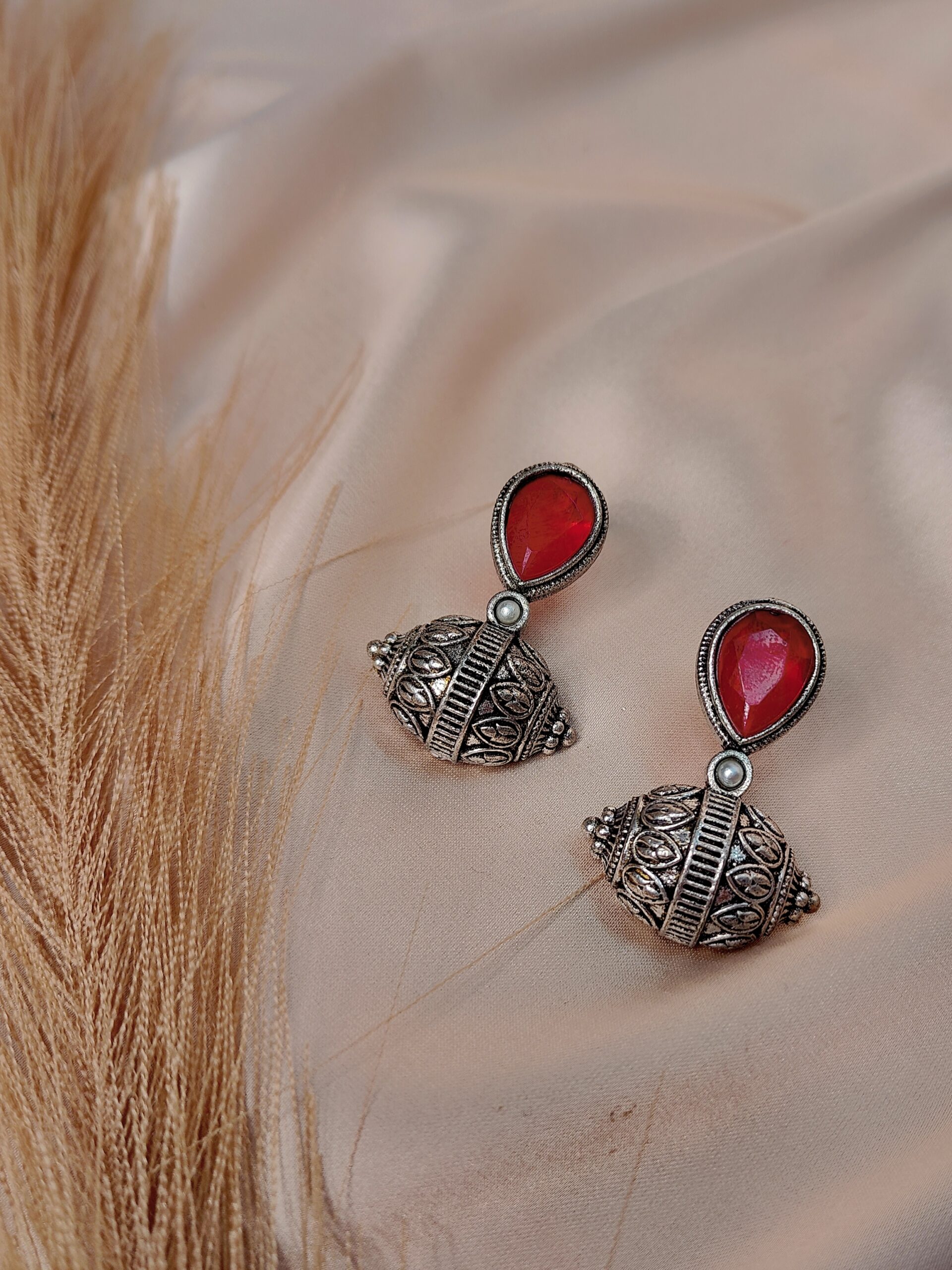 Mahira rani pink oxidised silver jhumka earrings with teardrop stone and antique finish