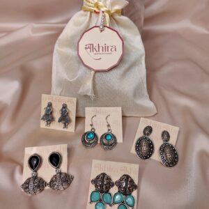 5 Pair earrings potli combo set with oxidized silver traditional jewelry in gift pouch