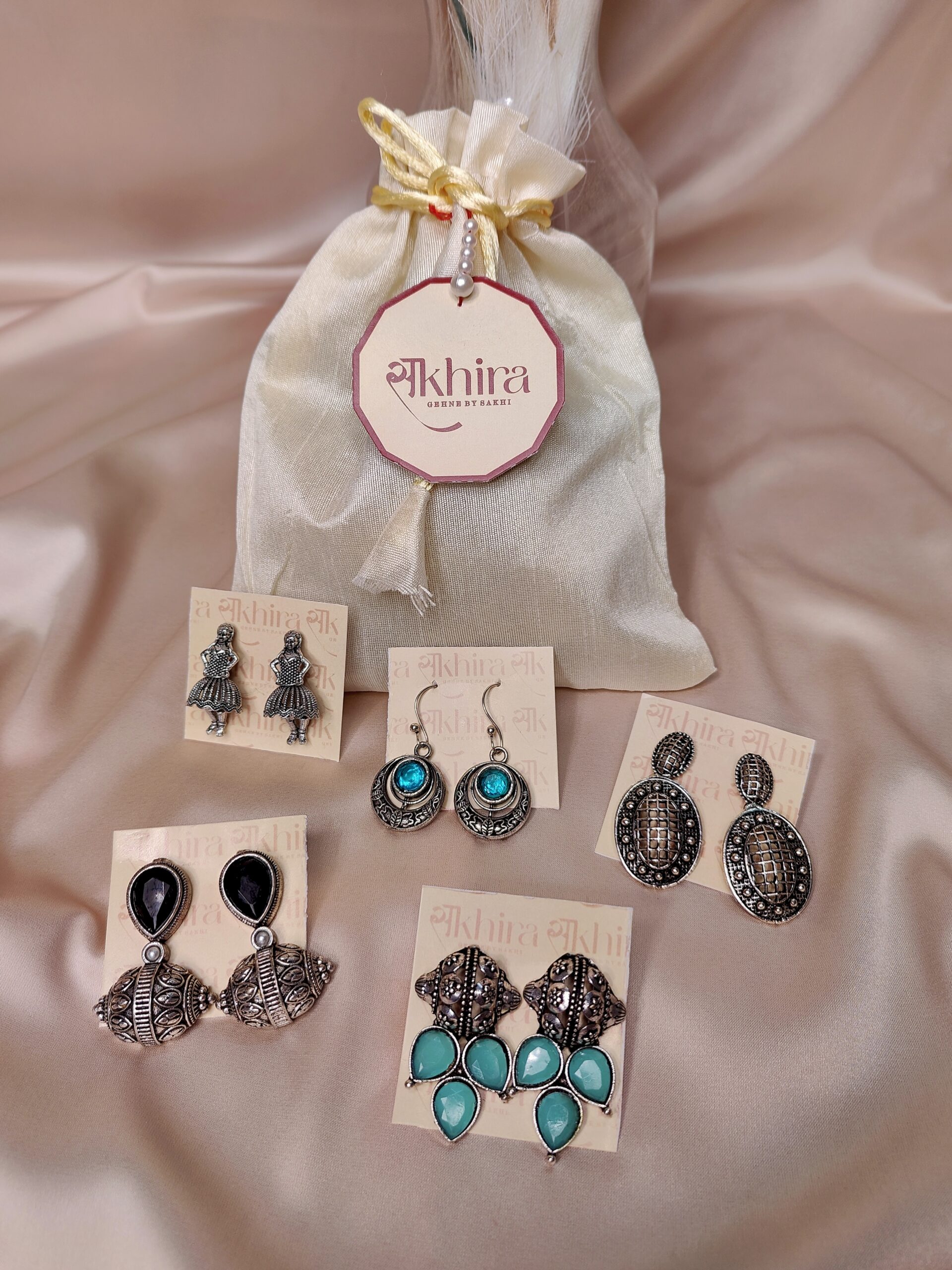 5 Pair earrings potli combo set with oxidized silver traditional jewelry in gift pouch