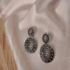 Zarika silver oxidised oval earrings with intricate grid design and antique finish